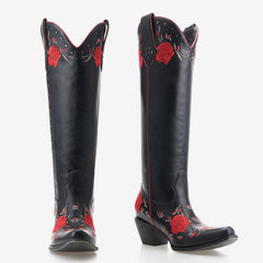 Tuhoomall Western Floral Embroidered Knee-High Boots with 5.5cm Chunky Heel for Casual and Party Wear, Stylish Slip-On Design, Durable Rubber Sole