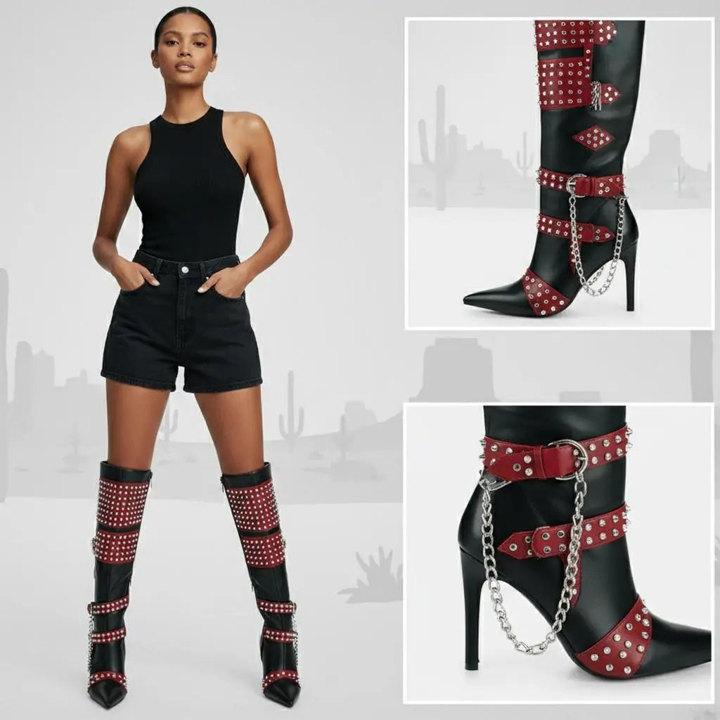 Tuhoomall Stiletto Knee-High Boots with Metallic Studs and Chic Design for Parties and Performances Tuhoomall