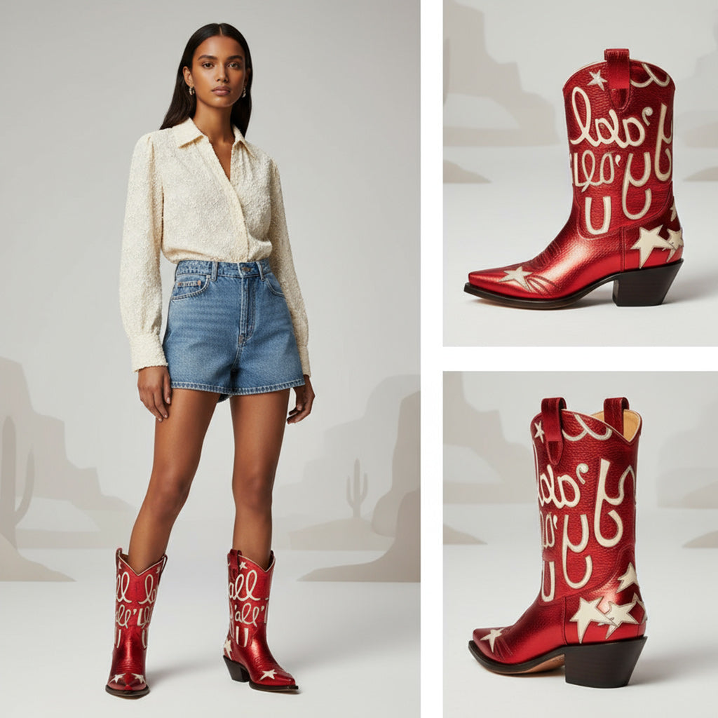 Tuhoomall Comfortable Western Boots for Fashion Parties and Daily Wear with Star and Letter Embroidery, Chunky Heel, Slip-On Design Tuhoomall