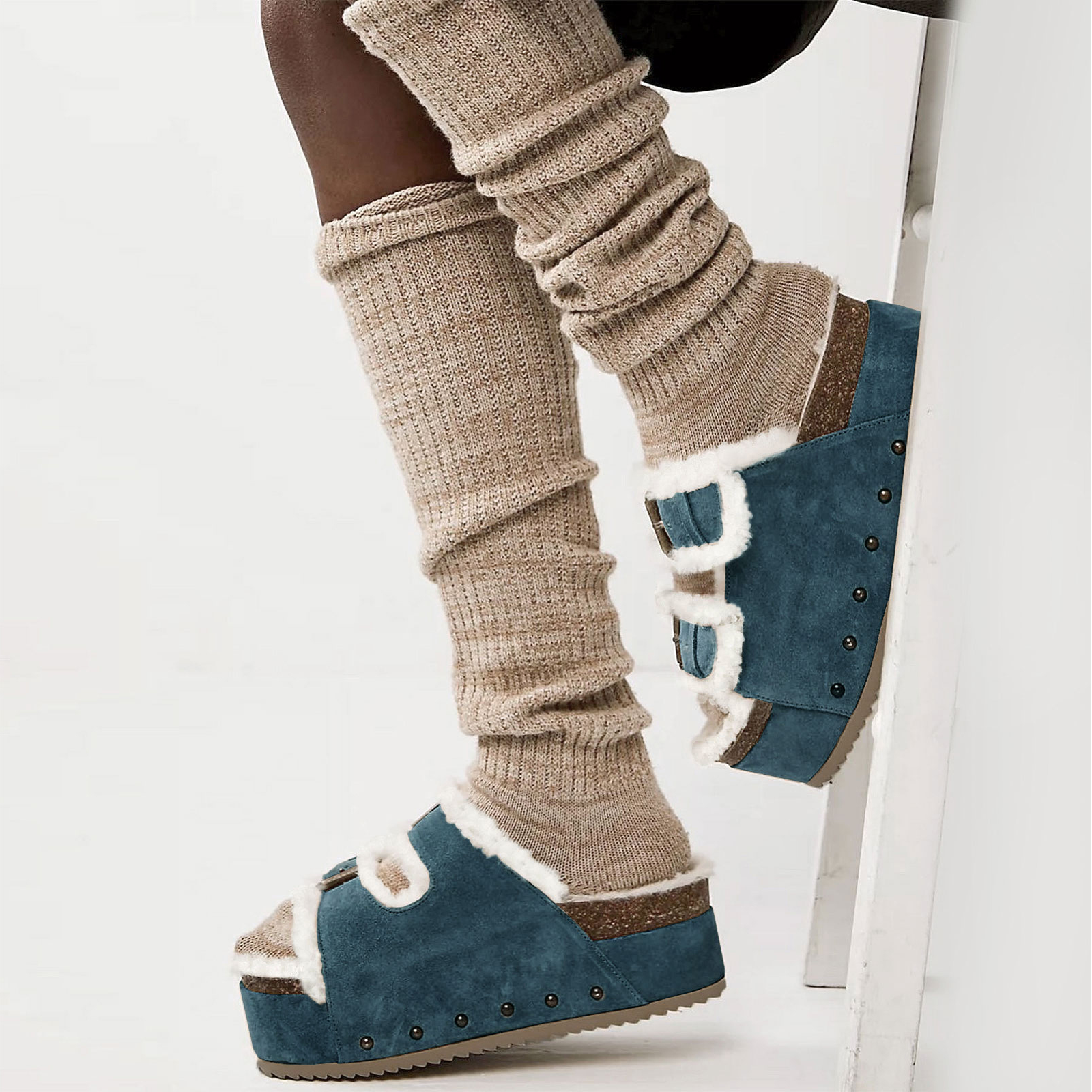 Tuhoomall Blue Faux Suede Fur-Lined Studs Double Buckle Strap Round Platform Cork Sandals Slippers