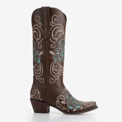 Tuhoomall Western Cowgirl Boots, Floral Embroidered Slip-On, Chunky Heel Mid Calf, Durable Rubber Sole for Casual Outdoor Fashion