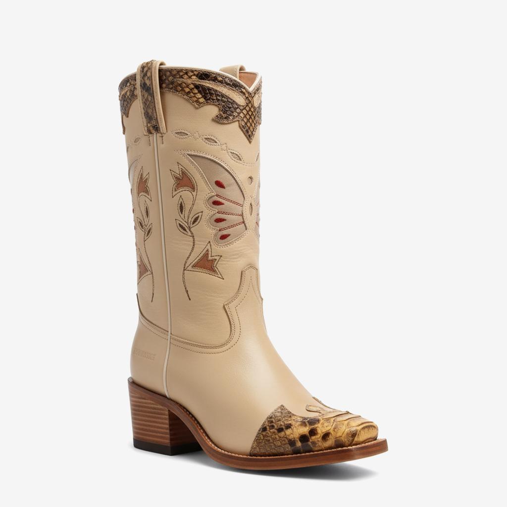 Tuhoomall Floral Embroidered Retro Mid-Calf Boots for All-Weather Fashion Casual Wear - Square Toe, Low Chunky Heel, Slip-On Design