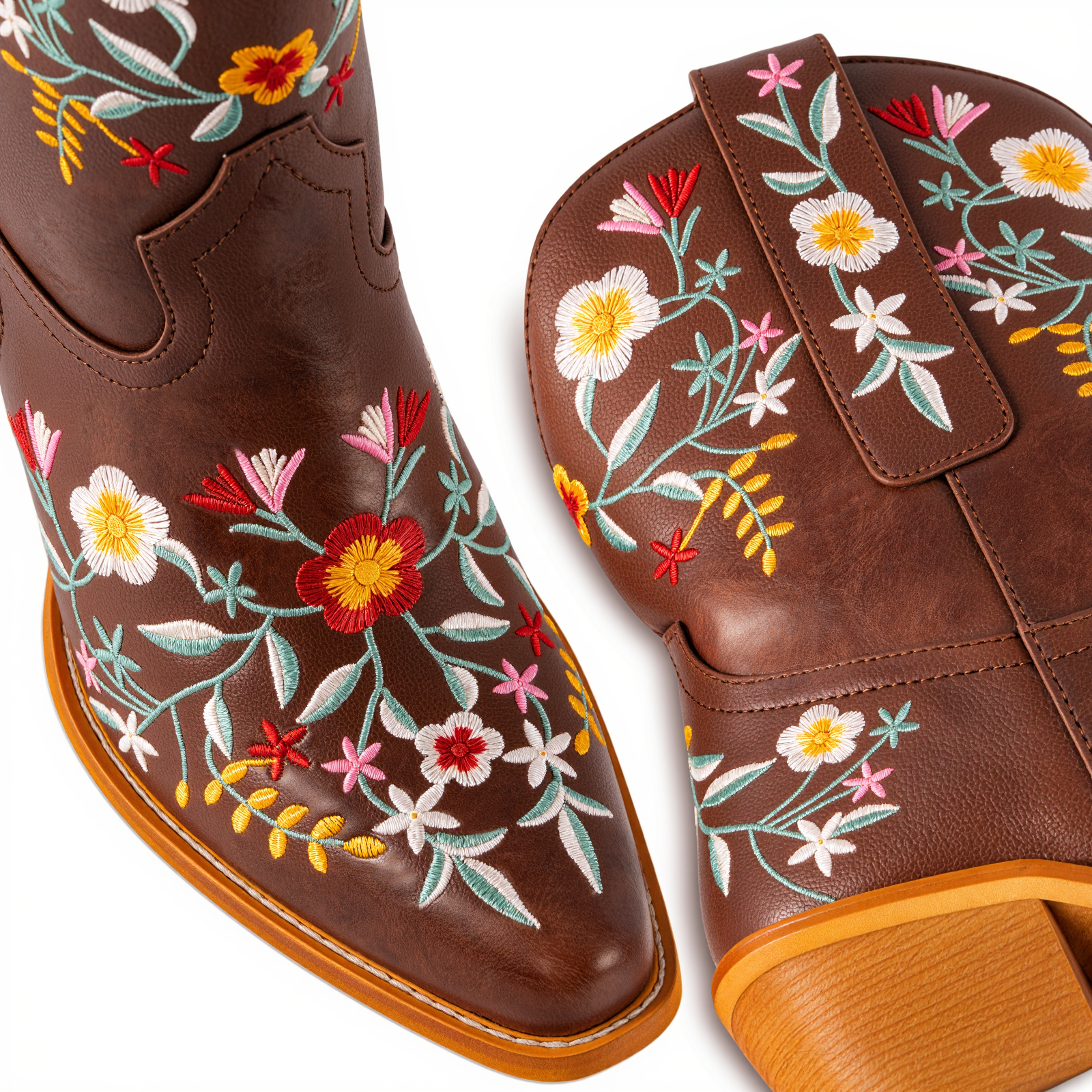 Tuhoomall Stylish Western Ankle Boots with Floral Embroidery, Rubber Sole, Chunky 5cm Heel for Classic and Casual Looks