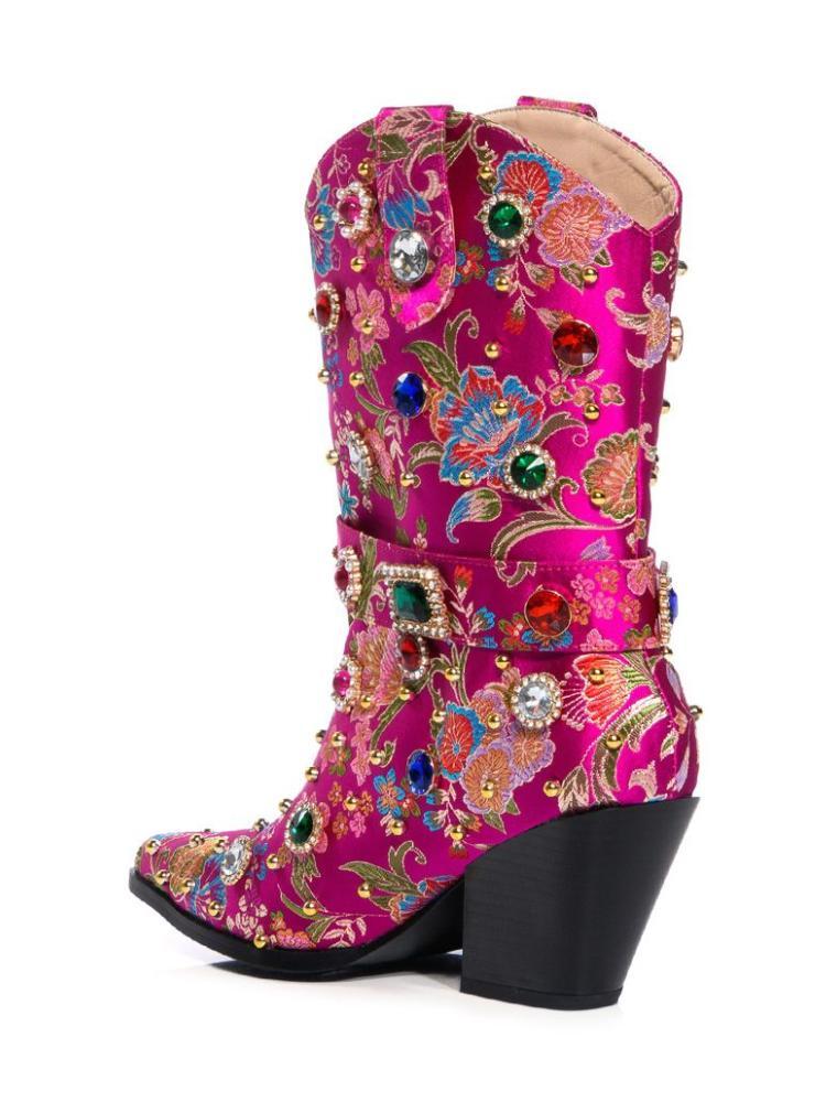 Tuhoomall Western Floral Embroidered Rhinestone Mid Calf Boots for Women, Chunky Heel, Water-Resistant Satin, Stylish for Spring Autumn Winter