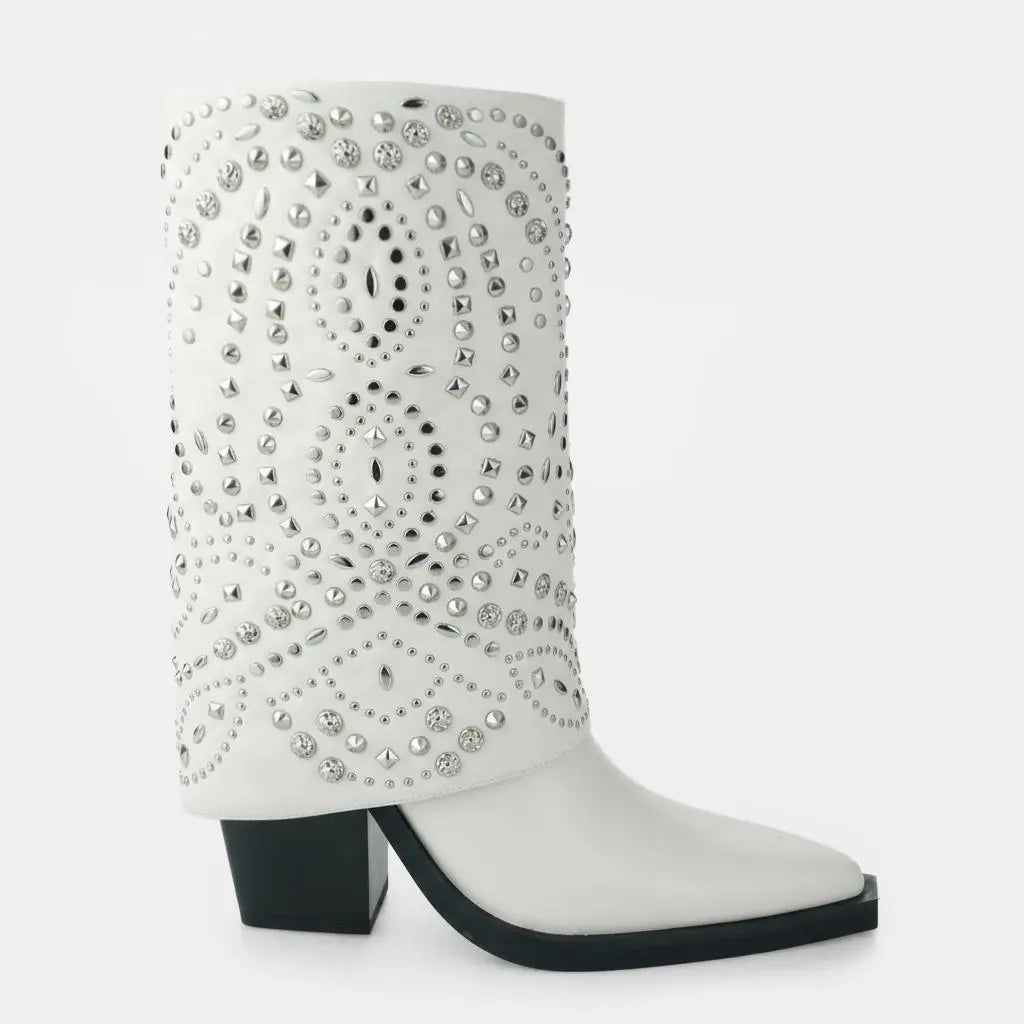 Tuhoomall Western Cowboy Boots For Women, Mid-Calf Foldable Design, Trendy Geometric Pattern, Chunky Heel, Sparkling Studs, Perfect For Outdoor Fashion Tuhoomall