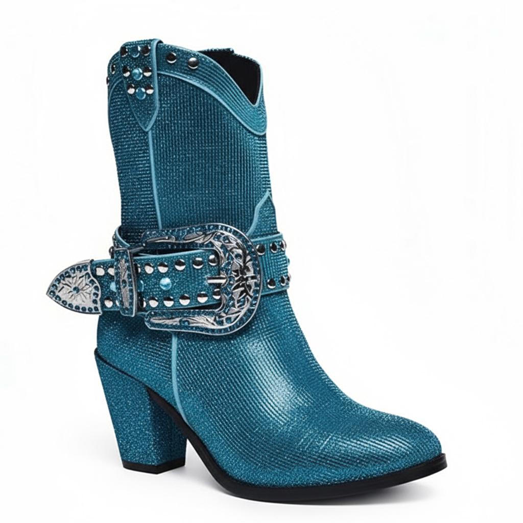 Tuhoomall Chunky Heel Pointed Toe Ankle Booties with Studs and Rhinestones for Fashion, Parties, and Casual Outings