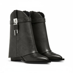 Tuhoomall Chic Almond Toe Ankle Boots with Metal Buckle, Slip-On, Wedge Heel for Fashion Parties and Casual Outings, All-Season Comfort