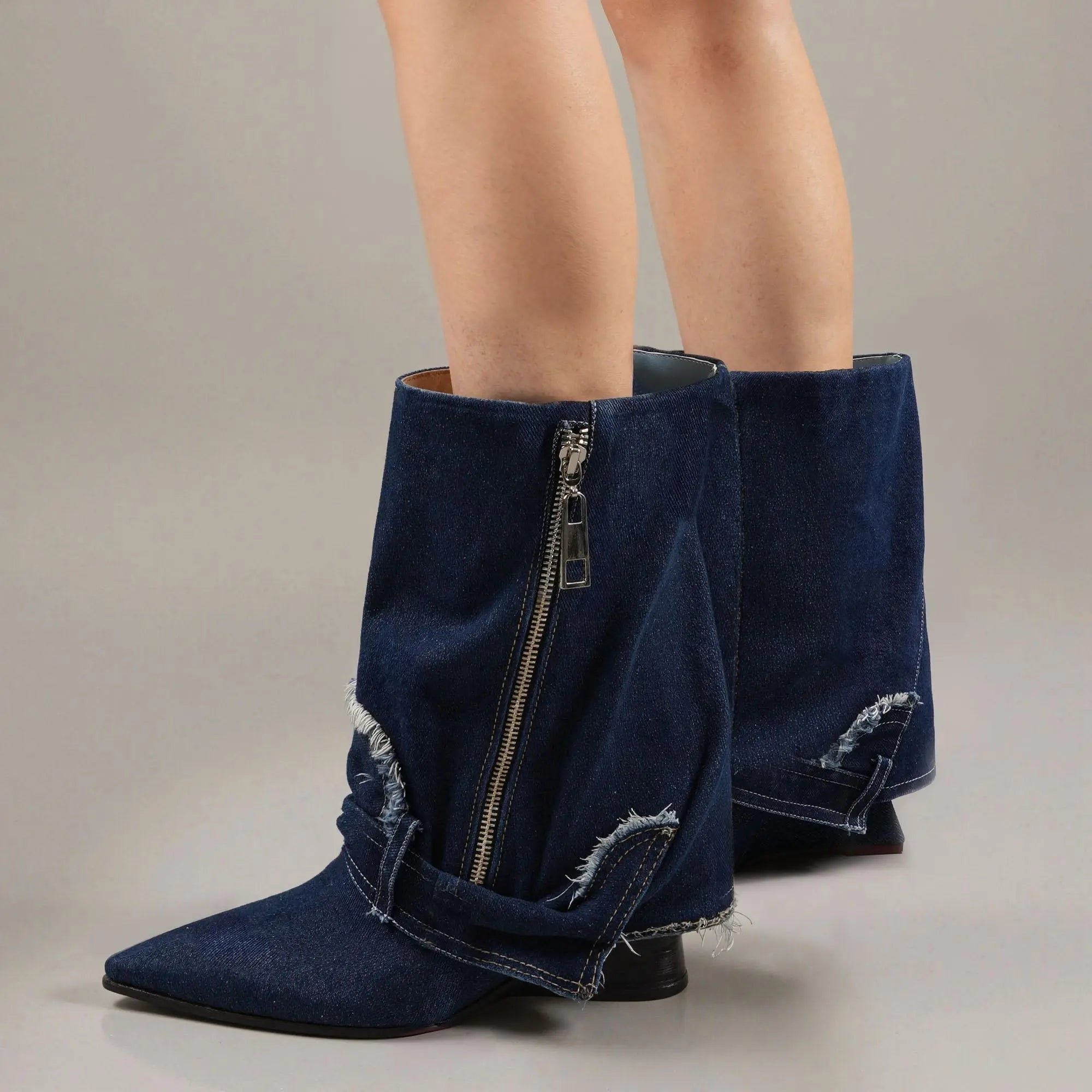 Tuhoomall Women's Short Denim Ankle Boots, Stylish Wedge Heel, Foldable Cuff, Perfect for Formal and Casual Events Tuhoomall