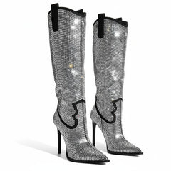 Tuhoomall Knee-High Stiletto Boots for Parties, Fashion Shows, Pointed Toe Design with Rhinestones, Slip-On, Faux Suede, Glamorous Look, All Seasons