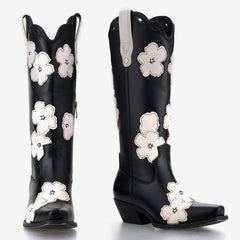 Tuhoomall Western Cowboy Boots, Floral Embroidery, Chunky Heel, Zipper Closure, Mid-Calf Height, All-Season Fashion