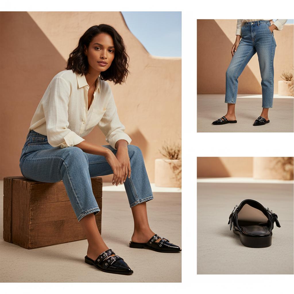 Tuhoomall Comfortable Pointed-Toe Mule Sandals for Summer Travel | Adjustable Metal Button Design | Casual Street Style Tuhoomall
