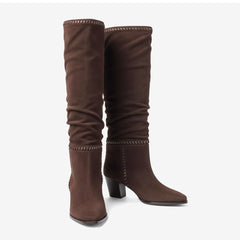 Tuhoomall Knee-High Ruffle Fashion Boots for Women, Chunky Heel, Slip-On, Stylish All-Season Wear