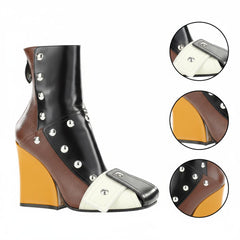 Tuhoomall Fashion Ankle Booties With Zip And Studs, Chunky Wedge Heel, Stylish For Parties And Casual Outings, All-Season Wear