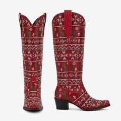 Tuhoomall Comfortable Knee-High Western Boots for Parties and Performances with Rhinestones and Floral Patterns, 5.7cm Chunky Heel, All-Season Fashion