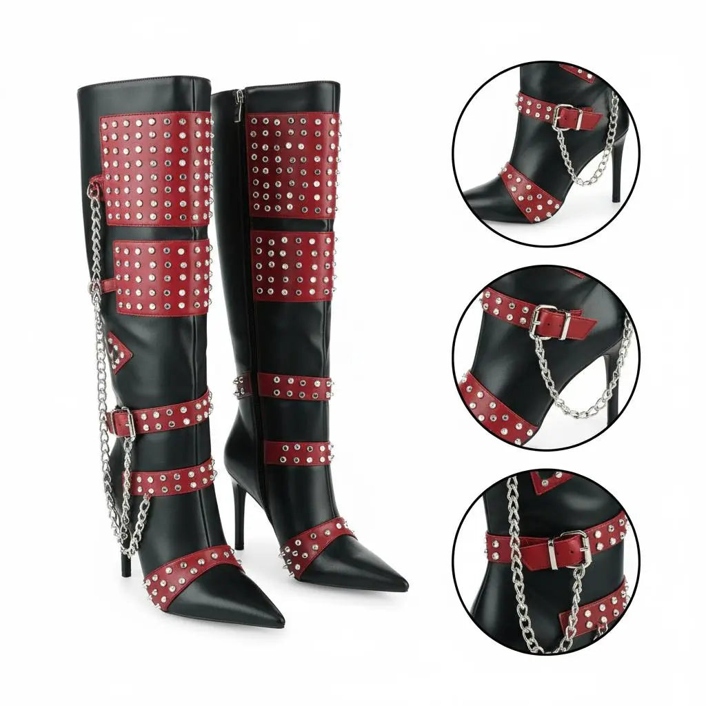 Tuhoomall Stiletto Knee-High Boots with Metallic Studs and Chic Design for Parties and Performances Tuhoomall