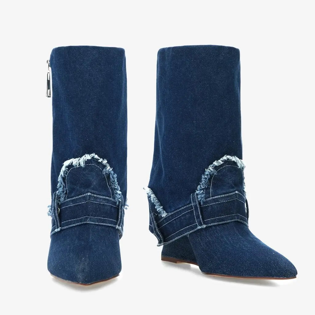Tuhoomall Women's Short Denim Ankle Boots, Stylish Wedge Heel, Foldable Cuff, Perfect for Formal and Casual Events Tuhoomall