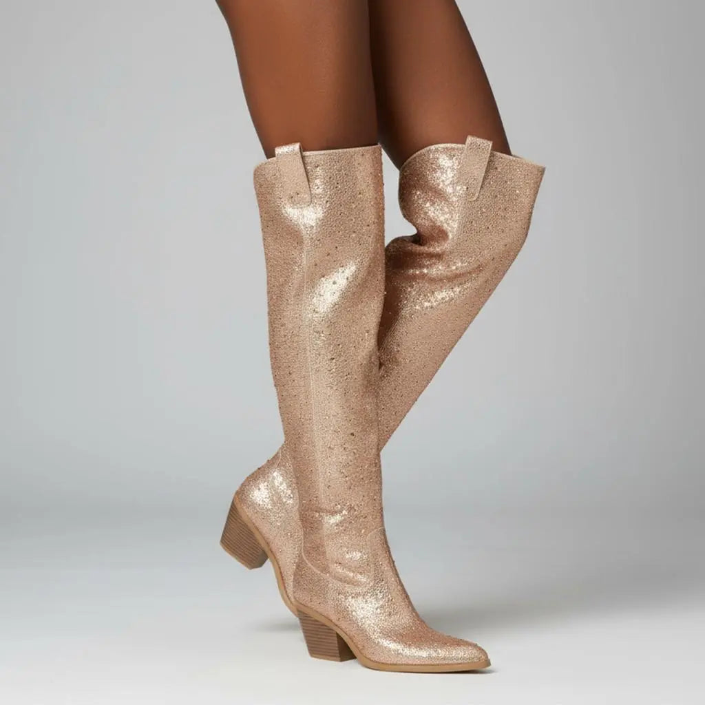 Tuhoomall Western Over-Knee Cowboy Boots With Chunky Heel, Rhinestone-Studded Vegan Leather, Casual All-Season Style, Round Toe, Zipper Closure Tuhoomall