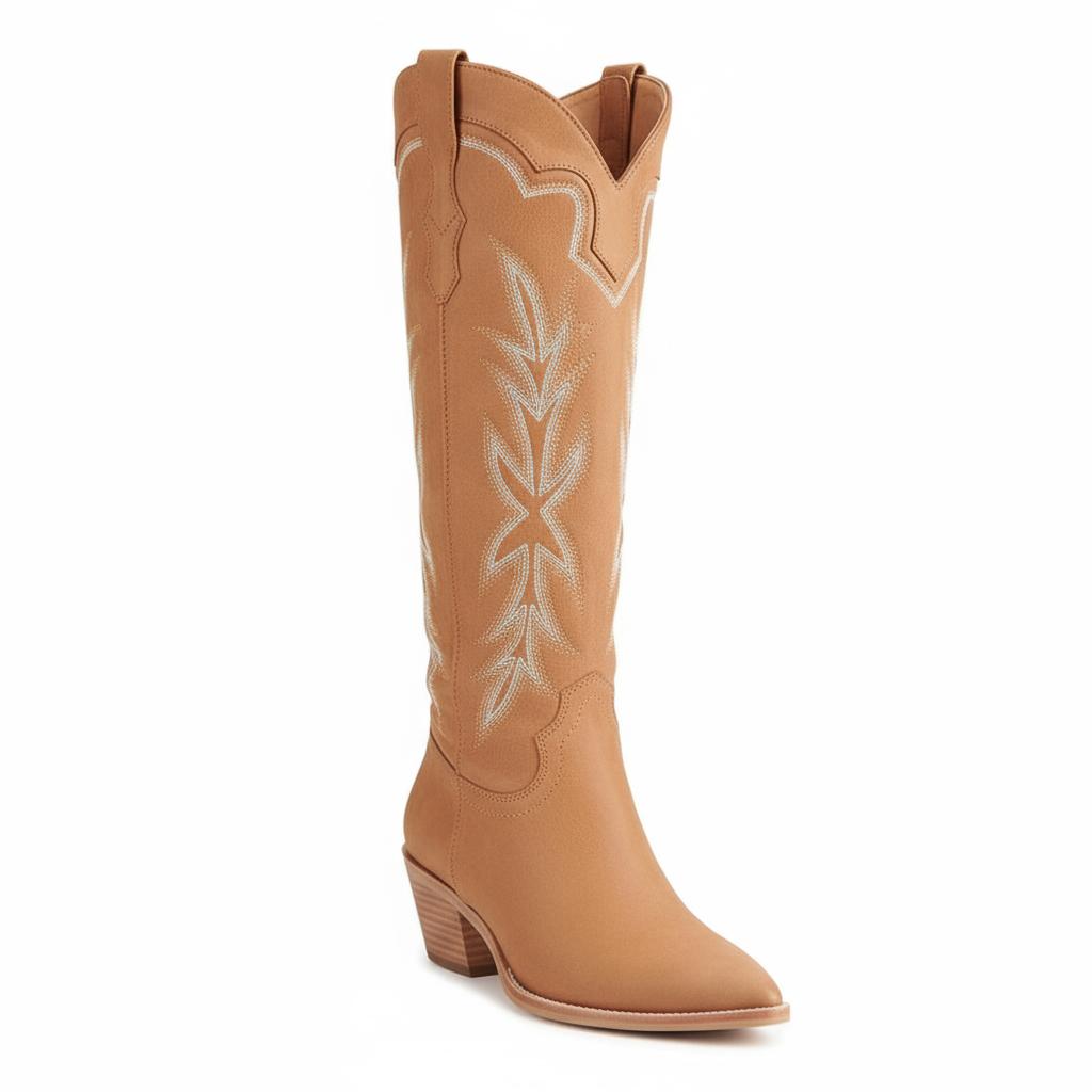 Tuhoomall Embroidered Western Chunky Heel Boots for Women - Pointed Toe, Zipper Closure, Mid-Calf Height, Stylish Vegan Leather, Perfect for All Seasons