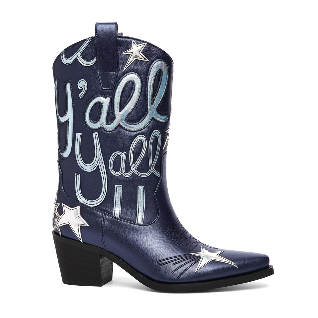 Tuhoomall Comfortable Western Boots for Fashion Parties and Daily Wear with Star and Letter Embroidery, Chunky Heel, Slip-On Design Tuhoomall