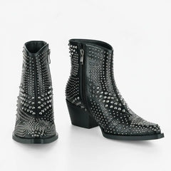 Tuhoomall Western Cowboy Ankle Booties with Rivets - Stylish Chunky Heel, Zipper Closure, Ideal for Casual Parties and Seasonal Wear Tuhoomall