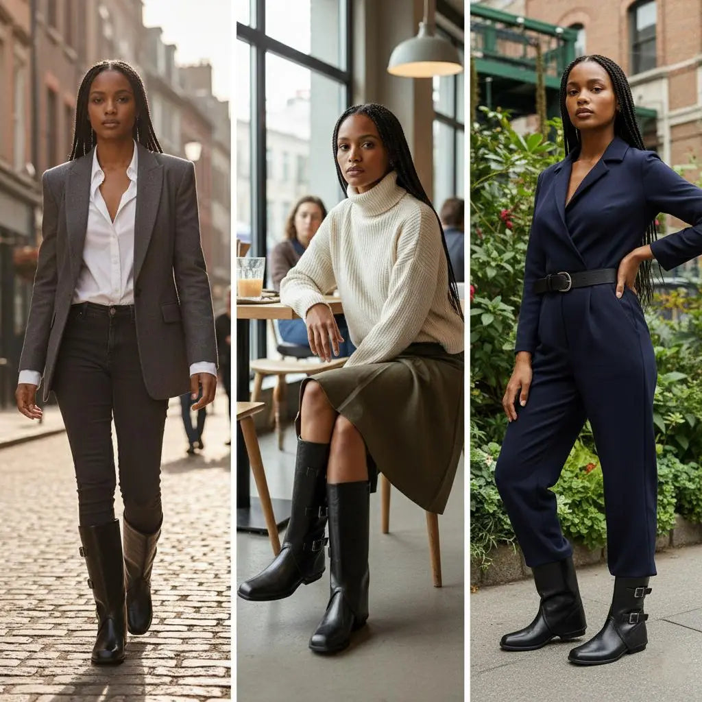 Tuhoomall Foldable Mid-Calf Chunky Heel, Stylish Adjustable Metallic Buckle, Perfect For Casual And Formal Occasions Tuhoomall