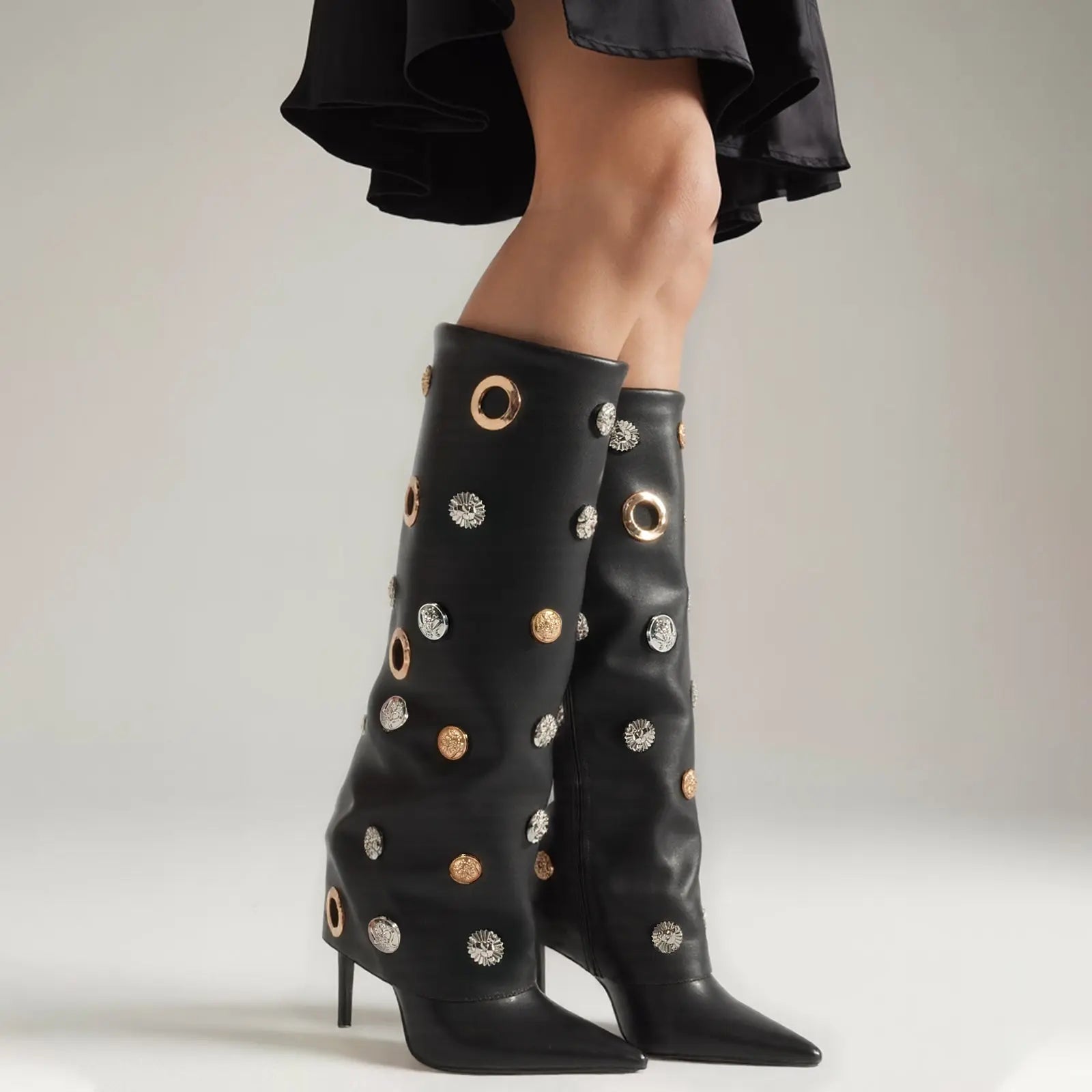 Tuhoomall Stylish Knee-High Women's Boots with Pointed Toe, Hollow Design and Metal Accents for Parties, Performances and Fashion Events Tuhoomall