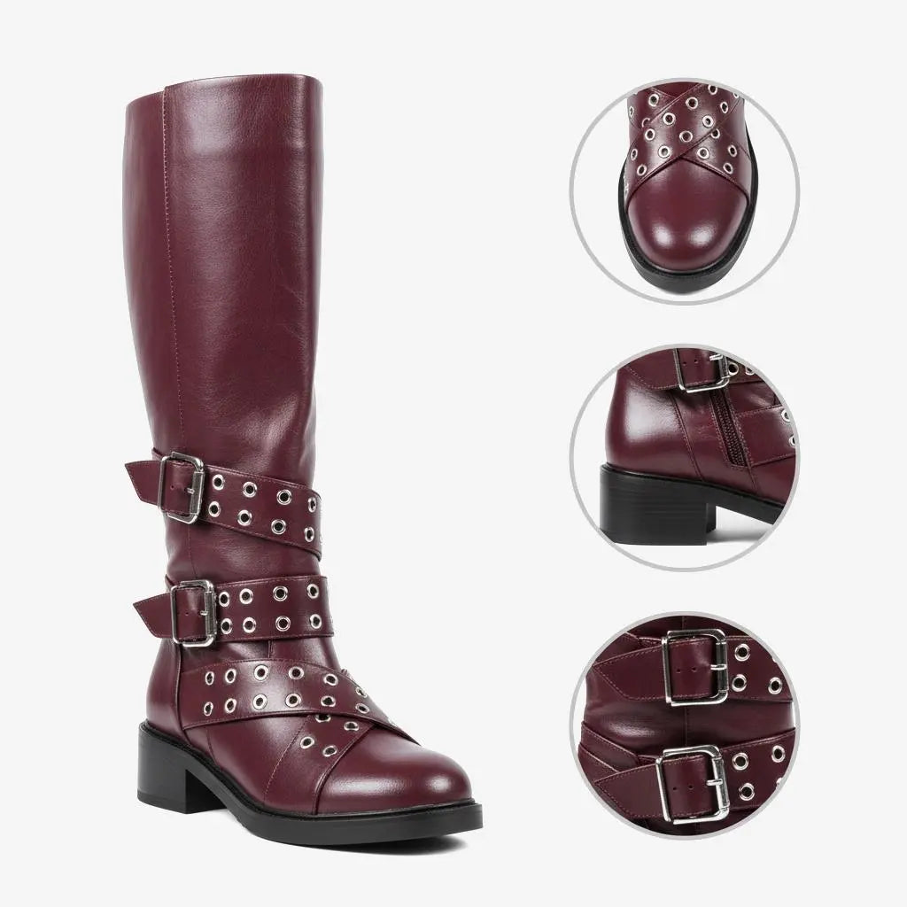 Tuhoomall Knee-High Stylish PU Combat Boots for Women with Adjustable Buckles and Metallic Accents, Casual and Formal Wear, Comfortable Low Chunky Heel Tuhoomall