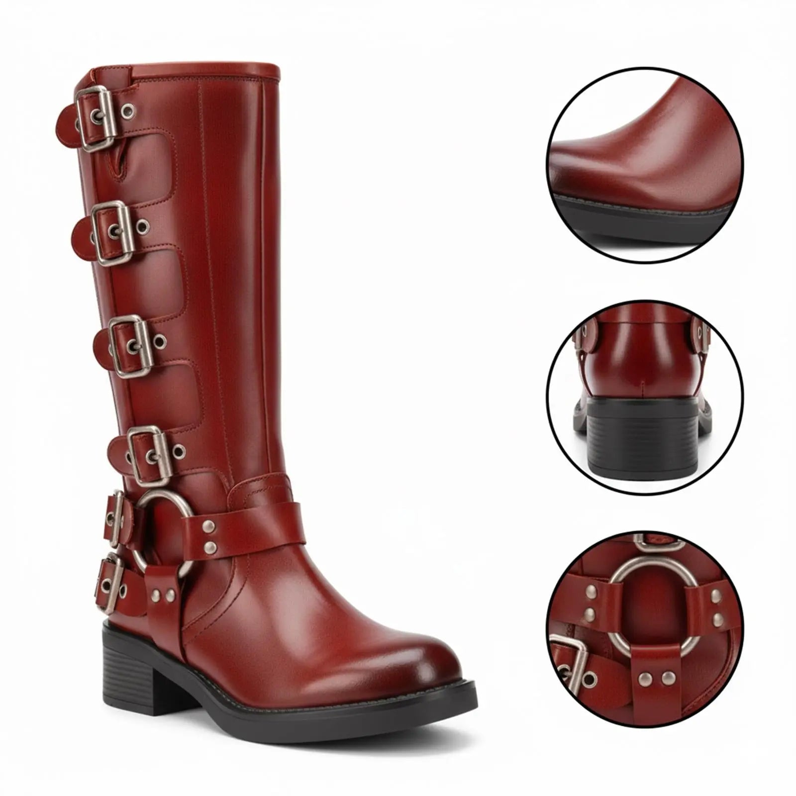 Tuhoomall Vintage Stylish Casual Boots for Women, Comfortable Mid-Calf Square-Toe with Chunky Heel, Adjustable Buckle, All-Season Wear Tuhoomall