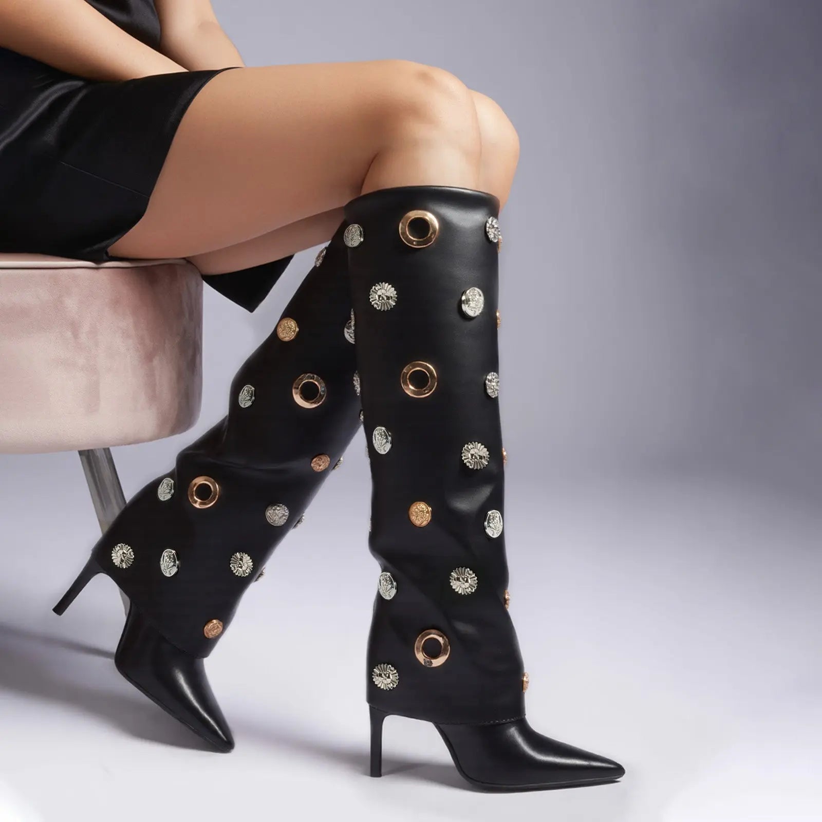 Tuhoomall Stylish Knee-High Women's Boots with Pointed Toe, Hollow Design and Metal Accents for Parties, Performances and Fashion Events Tuhoomall