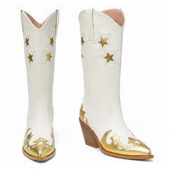 Tuhoomall Off White Star Metallic Gold Applique Wide Mid Calf Boots Slanted Heeled Cowgirl Boots