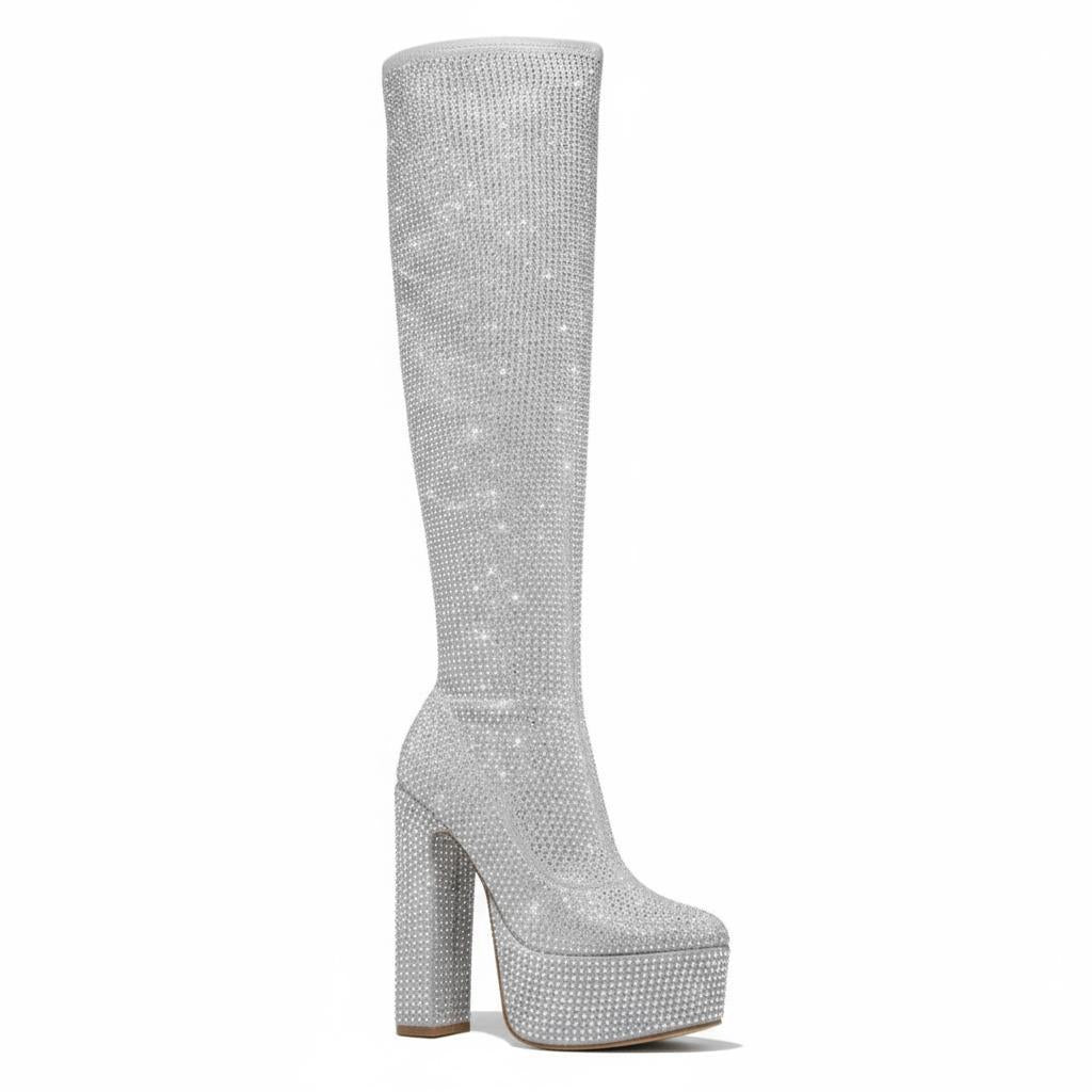 Tuhoomall Thigh High Satin Platform Boots with Chunky Heel and Rhinestone Embellishments for Parties and Special Occasions