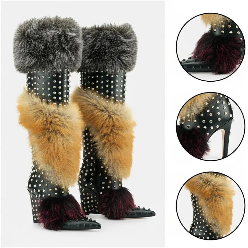 Tuhoomall  Stylish Over-the-Knee Chunky Heeled Boots for Parties and Performances with Faux Fur and Studs Tuhoomall