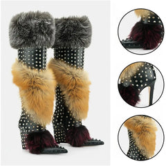Tuhoomall  Stylish Over-the-Knee Chunky Heeled Boots for Parties and Performances with Faux Fur and Studs Tuhoomall