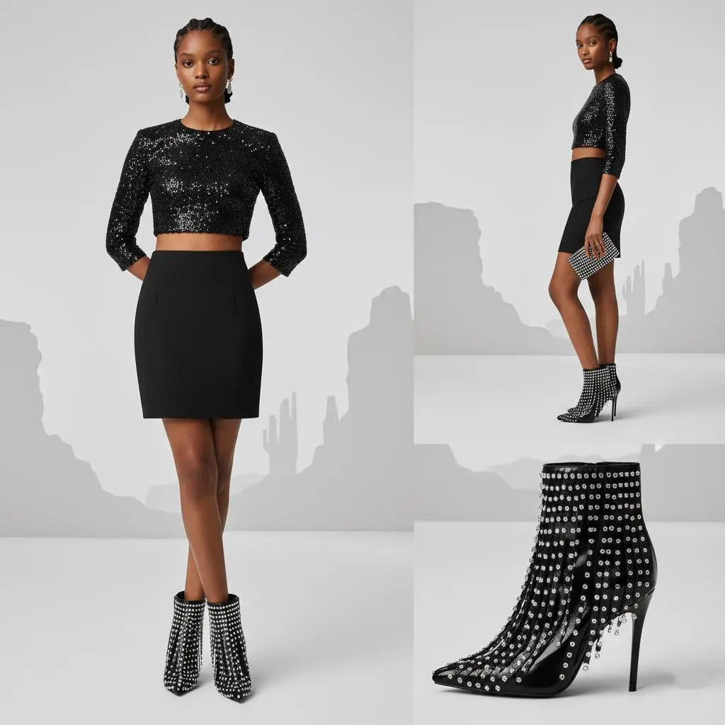 Tuhoomall Ankle Boots with Fringe and Rhinestones for Party Performance, Stylish High Heel, Polka Dot Design, All-Season Wear Tuhoomall