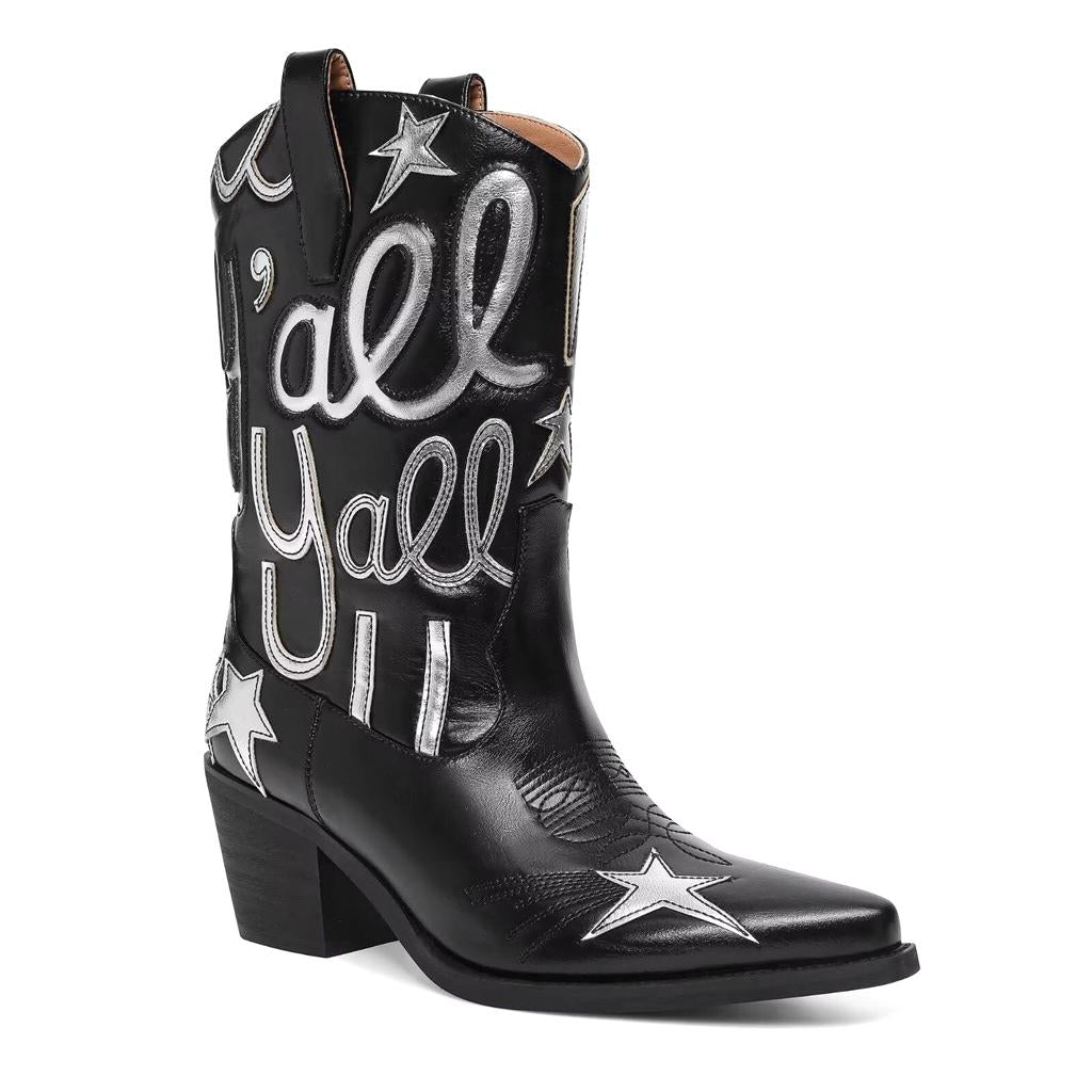 Tuhoomall Comfortable Western Boots for Fashion Parties and Daily Wear with Star and Letter Embroidery, Chunky Heel, Slip-On Design Tuhoomall