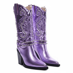 Tuhoomall Metallic Rhinestone Western Boots For Women - Pointed Toe, Block Heel, Fashion Statement For Parties, Made Of Vegan Leather And Embroidered Details