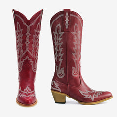 Tuhoomall Embroidered Mid-Calf Ankle Boots for Women | Stylish 5cm Block Heels, Slip-On Design for Parties and Casual Wear