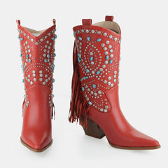 Tuhoomall Western Style Floral Embellished Mid-Calf Cowboy Boots with Chunky Heel for Fashion, Outdoor, Party and Casual Western Boots