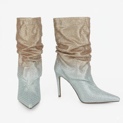 Tuhoomall Fashionable Women's Short Boots with Pointed Toe and Shiny Rhinestones for Parties and Performances - High Heels Design, Trendy Look