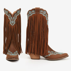 Tuhoomall Western Cowboy Boots for Women with Fringe, Embroidery and Studs - Stylish Casual Party Footwear with Chunky Heels