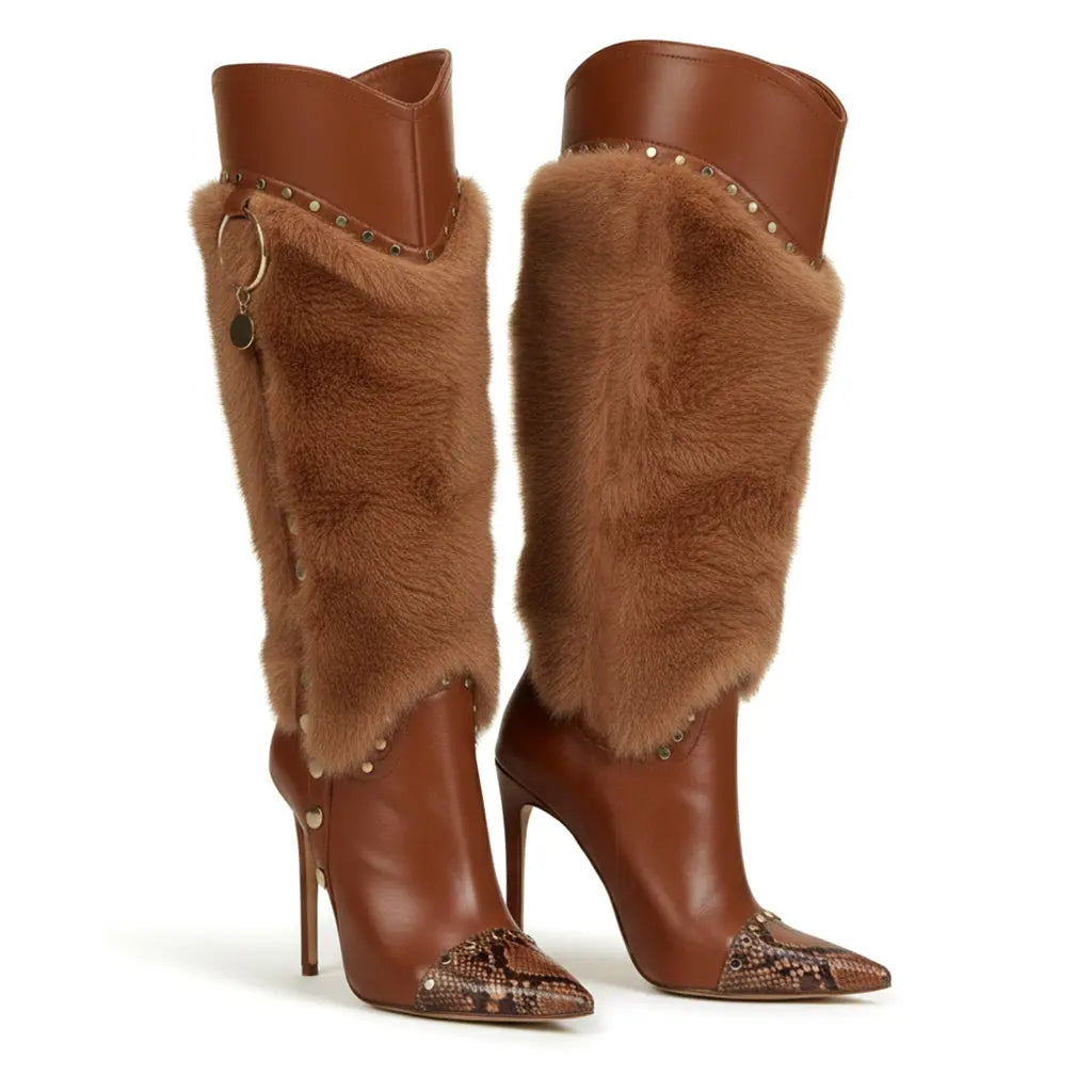 Tuhoomall Heel Fashion Boots for Women, Elegant Pointed Toe High Heels with Studs and Faux Fur, Ideal for Parties and Performances Tuhoomall