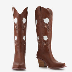 Tuhoomall Floral Embroidered Cowboy Ankle Boots For Women, Chic Slip-On Design, Low Block Heel, Perfect For Casual Events And Everyday Wear