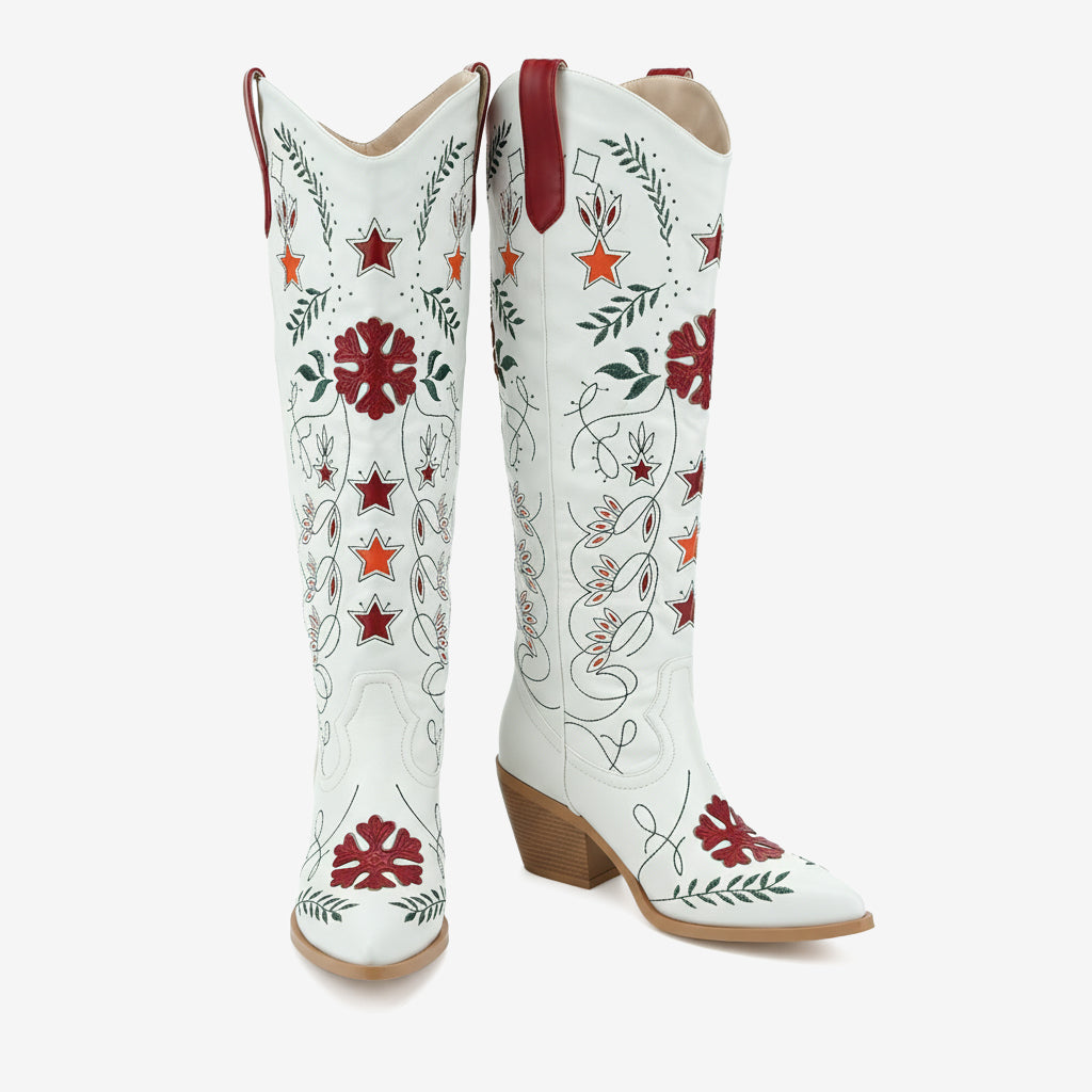 Tuhoomall Western Cowboy Knee-High Boots with Floral Embroidery, Chunky Heels for Fashion, Outdoor and Casual Wear, Unique Hollow Design, All-Season Ready