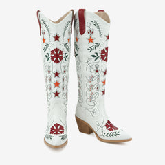 Tuhoomall Western Cowboy Knee-High Boots with Floral Embroidery, Chunky Heels for Fashion, Outdoor and Casual Wear, Unique Hollow Design, All-Season Ready