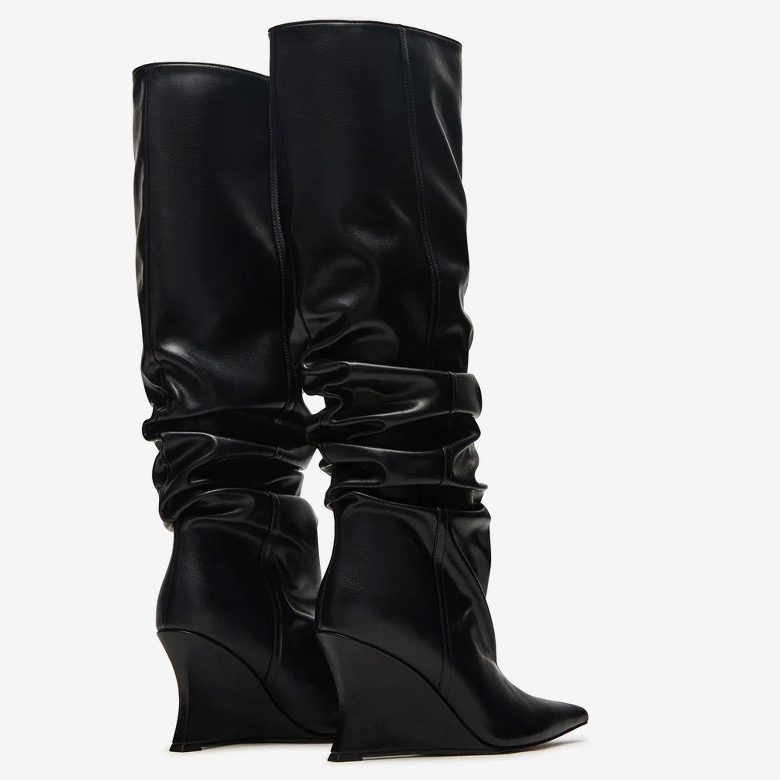 Tuhoomall Knee High Comfortable Wedge Booties With Pointed Toe For Parties, Performances, Fashion Events, Featuring Ruffled Design And Rubber Sole