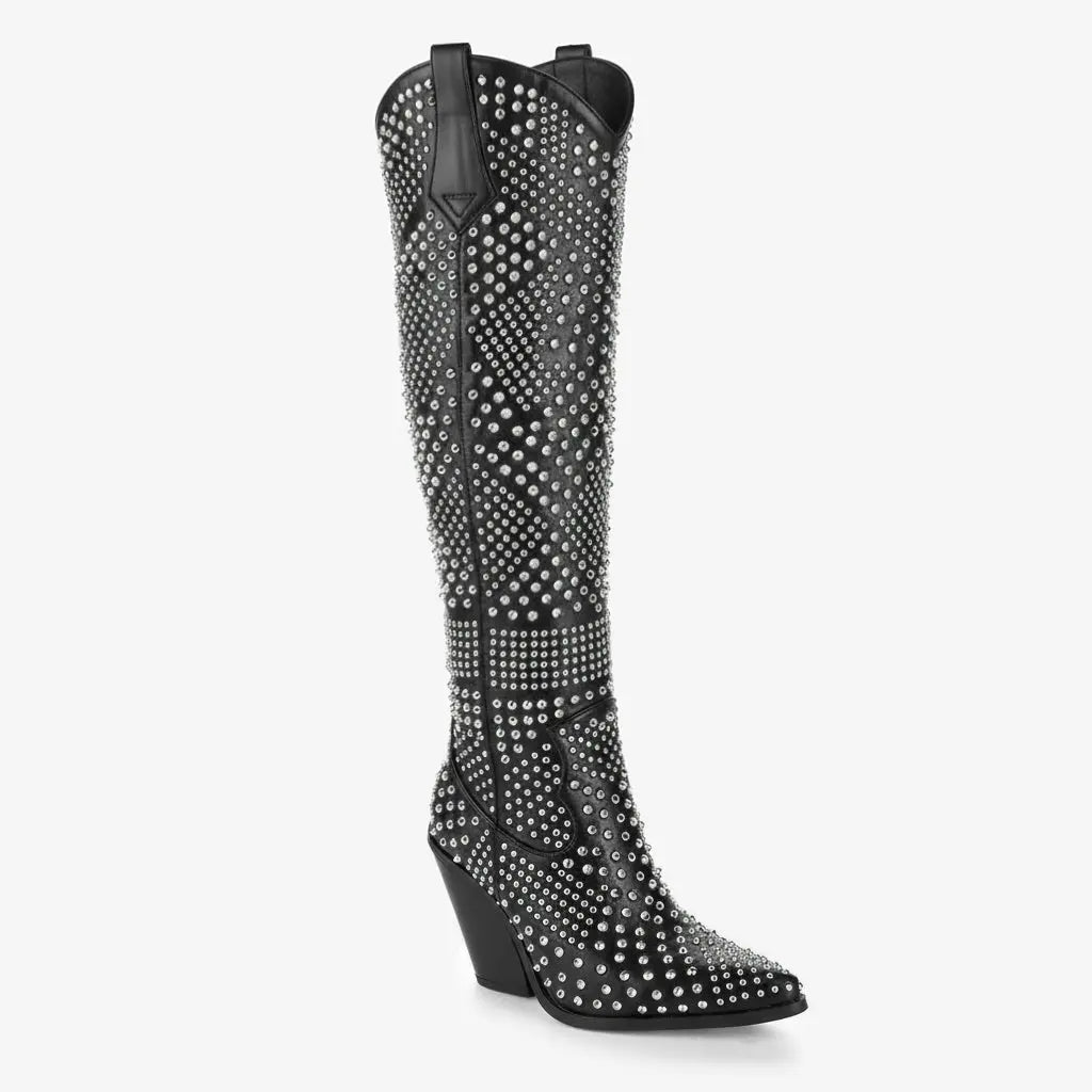 Tuhoomall Knee High Western Boots For Women, Western Style, Pointed Toe, Chunky Heel, Zipper Closure Perfect For Spring, Autumn, Winter Tuhoomall