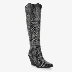 Tuhoomall Knee High Western Boots For Women, Western Style, Pointed Toe, Chunky Heel, Zipper Closure Perfect For Spring, Autumn, Winter Tuhoomall