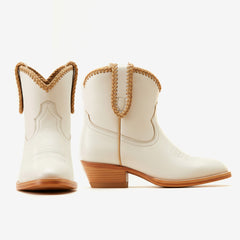 Tuhoomall Comfortable Western Style Ankle Boots for Women, Casual Workwear, Round Toe, Chunky Heel, Seasonless, Woven Colorblock Design