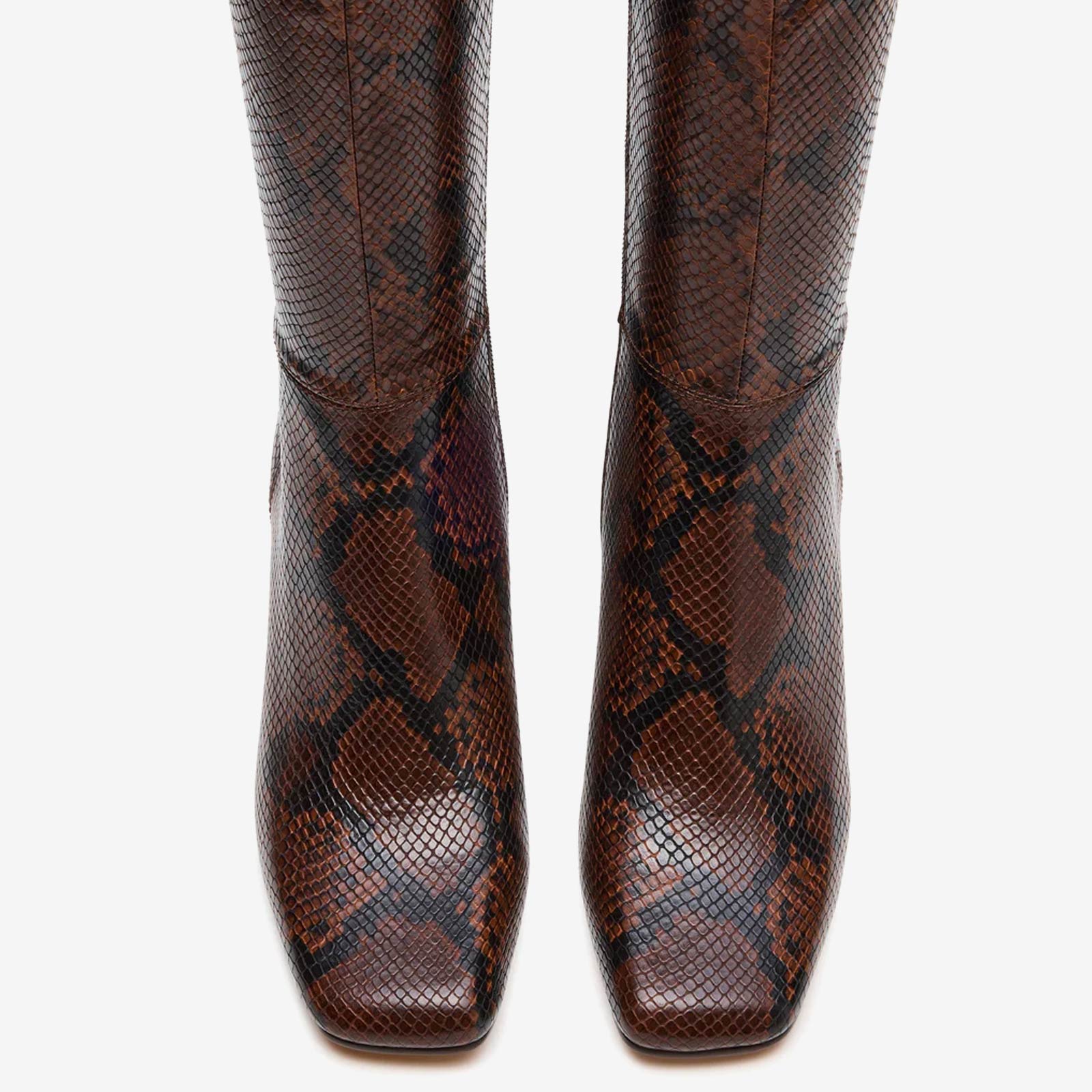 Tuhoomall Fashion Casual Boots for Women, Mid Calf, Square Toe, Chunky Heel, Zipper Closure, Solid Color, Snake Print PU, All Season Wear