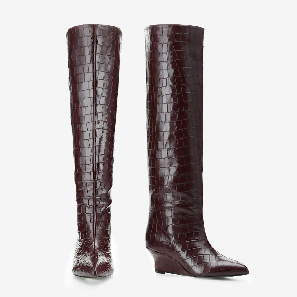 Tuhoomall Wedges Boots Over-the-Knee Boots For Parties and Performances, Comfortable Wedge Heel, Crocodile Pattern PU, Fashionable Retro Design